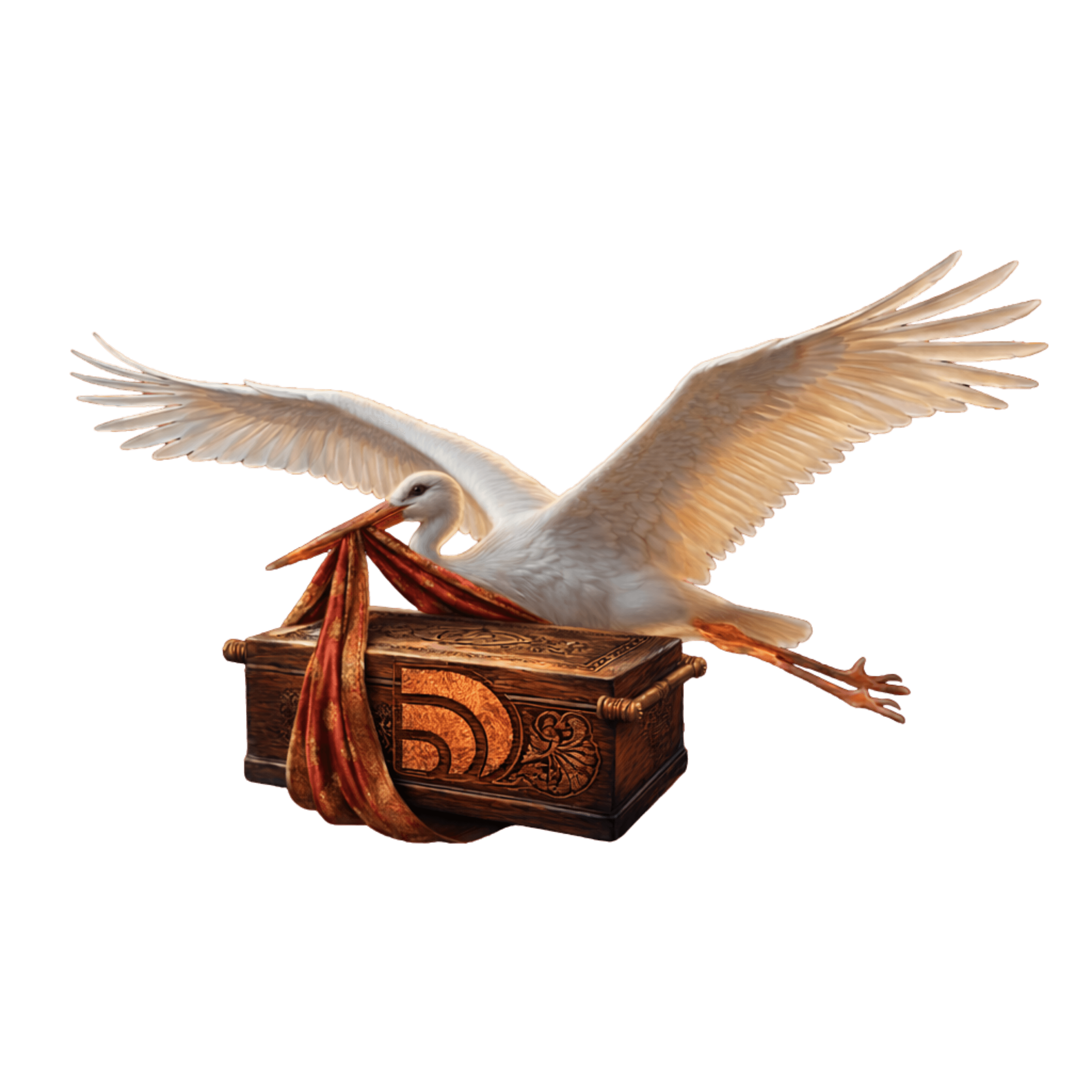 Stork carrying sacred birthday offerings